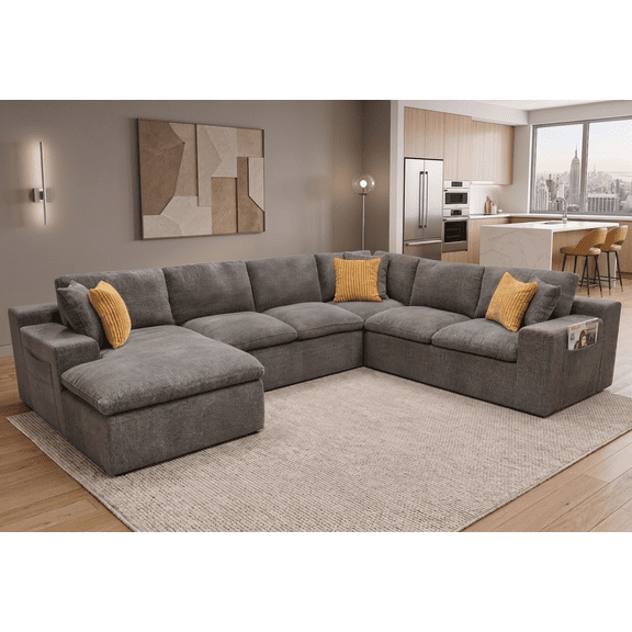 135" Oversized Cloud Couch Modular Sectional Sofa with Chaise, Deep Seat Sectional Couch with Side Pockets & Toss Pillows, No Assembly, 6 Seat Upholstered Compressed Sofa for Living Room (Grey)