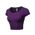 thumbnail image 2 of A2Y Women's Basic Solid Printed Scoop Neck Cap Sleeve Fitted Crop Rayon Top Tee Shirt Purple M, 2 of 3