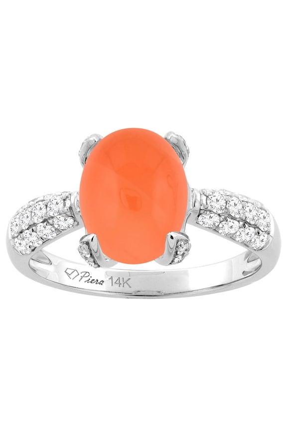 14K White Gold Natural Orange Moonstone Engagement Ring Oval 16x12 mm & Diamond Accents, size 8