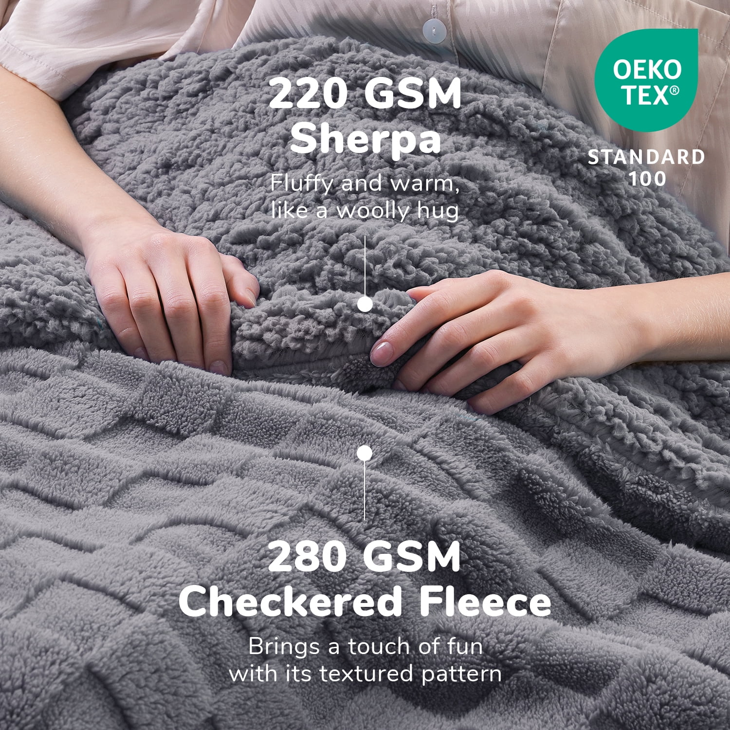 Anjee 90" x 108"  Sherpa Fleece Reversible Checkered Throw Blanket, All Season Queen Size Bed Blankets for Couch Sofa Bed, Ideal Gift for Friends, Gray