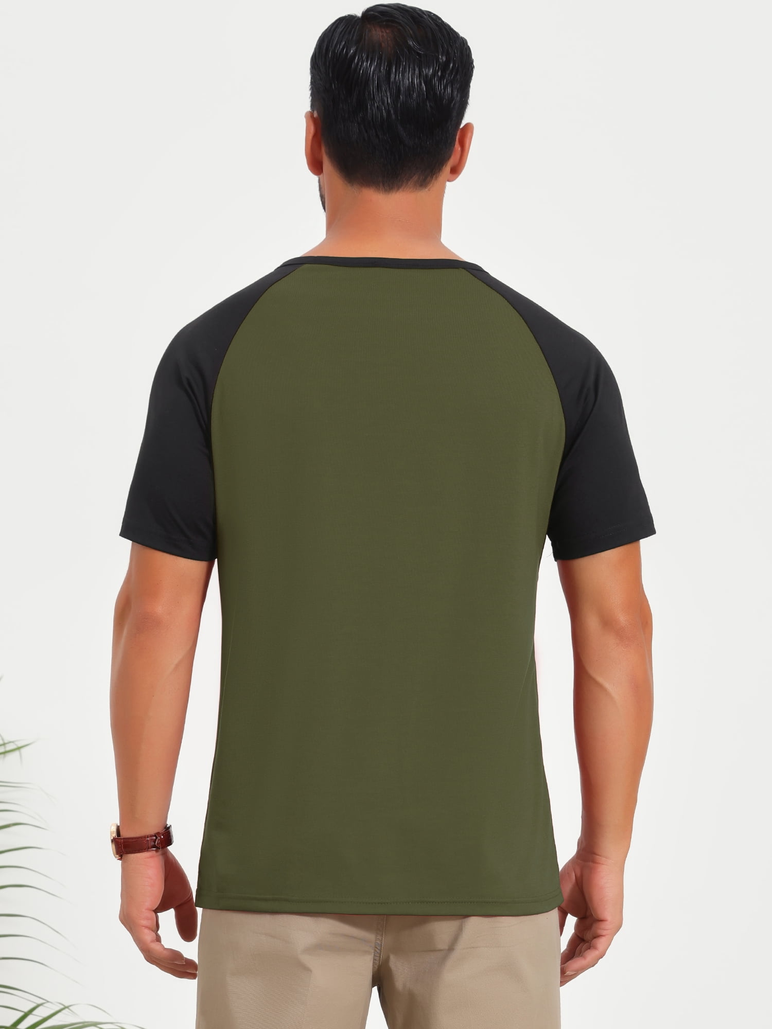 DARING DIVA Men's Henley Button Down Color Block Short Sleeve T-Shirt L Olive Green