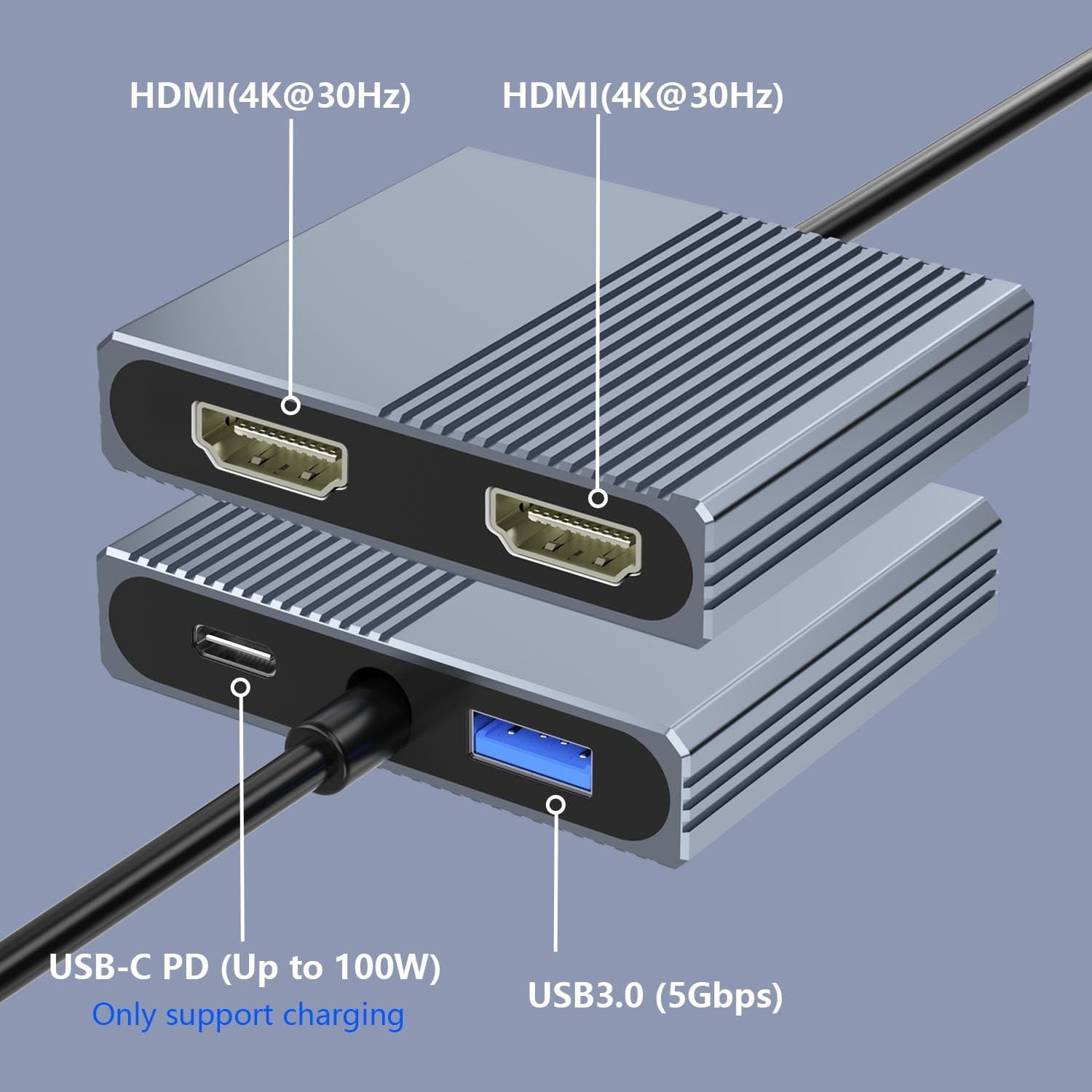 USB C to Dual HDMI Adapter for 2 Monitors, 4-in-1 HDMI Splitter for Dual Monitors Extended Display Support SST/MST with USB3.0/100W PD, USB C Docking Station Double Monitor for MacBook/Dell/HP Laptop