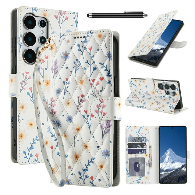 Wallet Case for Samsung Galaxy S24 Ultra , PU Leather Phone Cover Kickstand RFID Blocking Flip Case Card Slots Wrist Strap Relief Engraved Pattern Magnetic With Stylus Pen, Blue Purple Flower