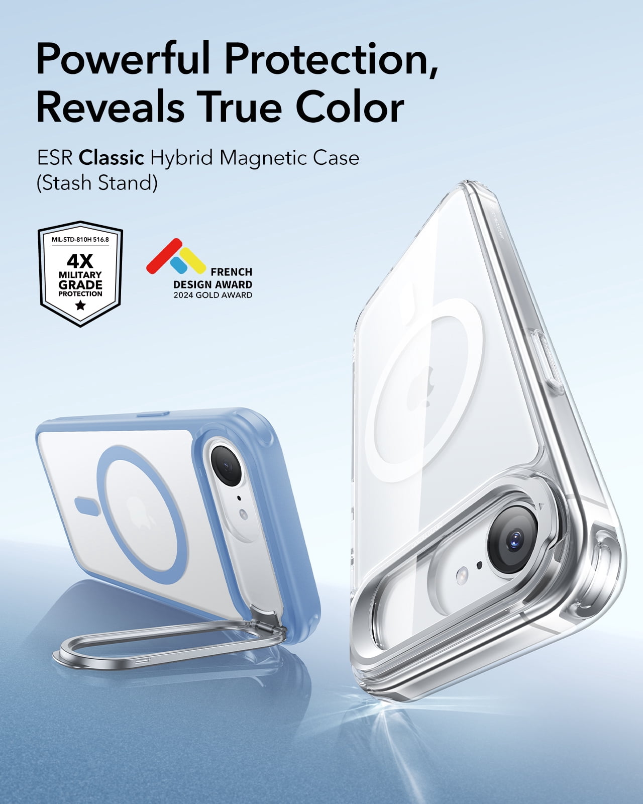 ESR Magnetic Case Compatible with iPhone 17e/16e with Built-in Stash Stand, Military-Grade Drop Protection, MagSafe Compatible & Scratch-Resistant Back Cove, Blue