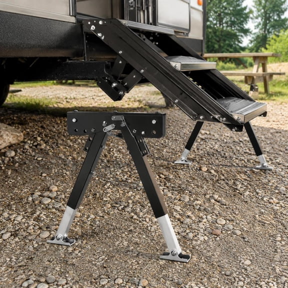 RV Step Stabilizer Kit, height adjustable steel construction, compatible with 5th wheels, travel trailers and motorhomes, designed for camper stairs