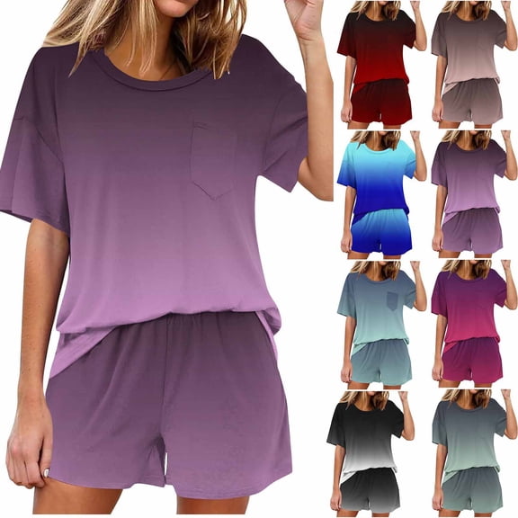 Bixock Women's 2 Piece Outfits,Gradient Color Summer Casual Set,Fashion Print Crew Neck Pajama Set Top Pants Leisure Loungewear Nightwear