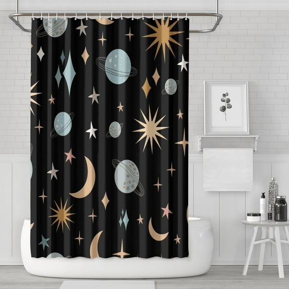 Witchy Aesthetic Shower Curtain with Gothic Moon Star Sun Design, Waterproof Celestial Spiritual Fabric Curtain for Bathroom, Airbnb, Dorm Room or Seasonal Astrology Decor, with Hooks