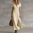 thumbnail image 3 of YuXingFu Womens Cotton Dresses with Sleeves Maxi V-Neck Plus Size Womens Dress Short Sleeve Solid Color Slim Fit Long Casual Summer Beige M, 3 of 6