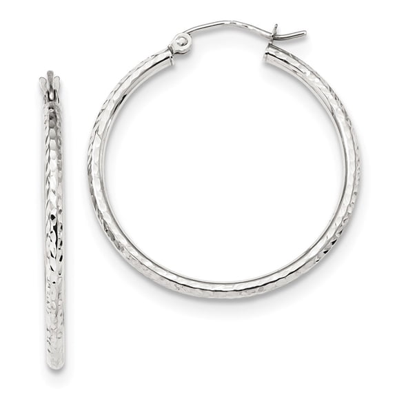 10k White Gold Sparkle-Cut 2mm Round Tube Hoop Earrings - Measures 31.63x29.83mm Wide 2mm Thick