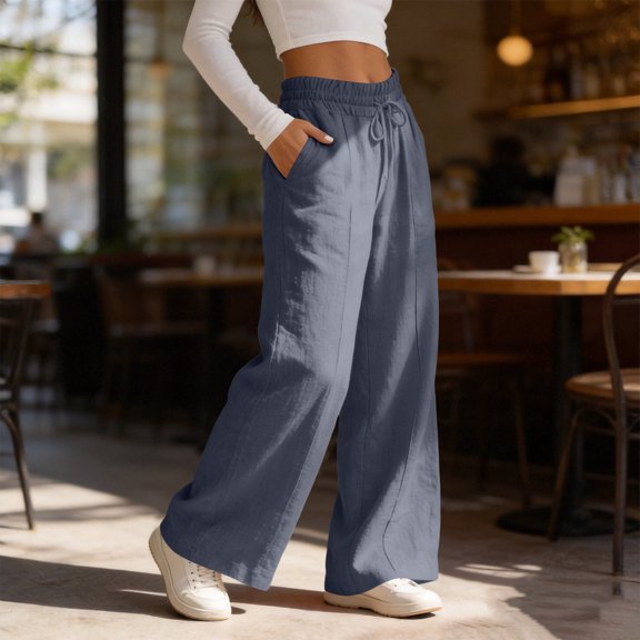 Costeam Womens Linen Blend Wide Leg Pants Vertical Front Seam Side Slip Pockets Self Fabric Drawstring Full Elastic High Waist Lightweight Wrinkle Resistant Loose Full Length Casual Trousers