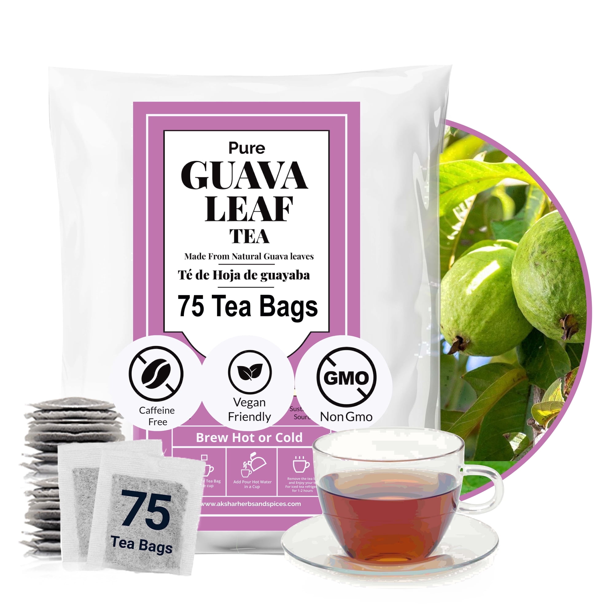 75 Guava Leaf Tea Bags, 100% Natural Guava Leaves, Herbal Tea, Non-GMO, Sugar-Free, Caffeine-Free. by Akshit