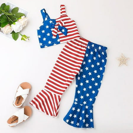 

Hunpta Toddler Kids Girls 1-5Y Sleeveless Independence Day 4th-of-July Stars Striped Printed Bowknot Vest Tops Flare Pants Outfits