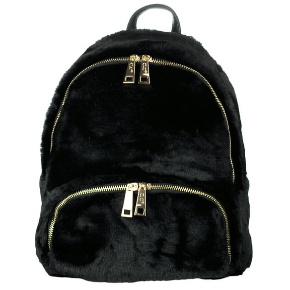 C.C Women's Faux Fur Fuzzy Backpack Schoolbag Shoulder Bag Purse, Black
