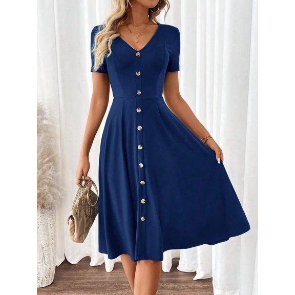 Navy Blue V-Neck Short Sleeve Fit & Flare Midi Dress With Gold-Tone Button Front