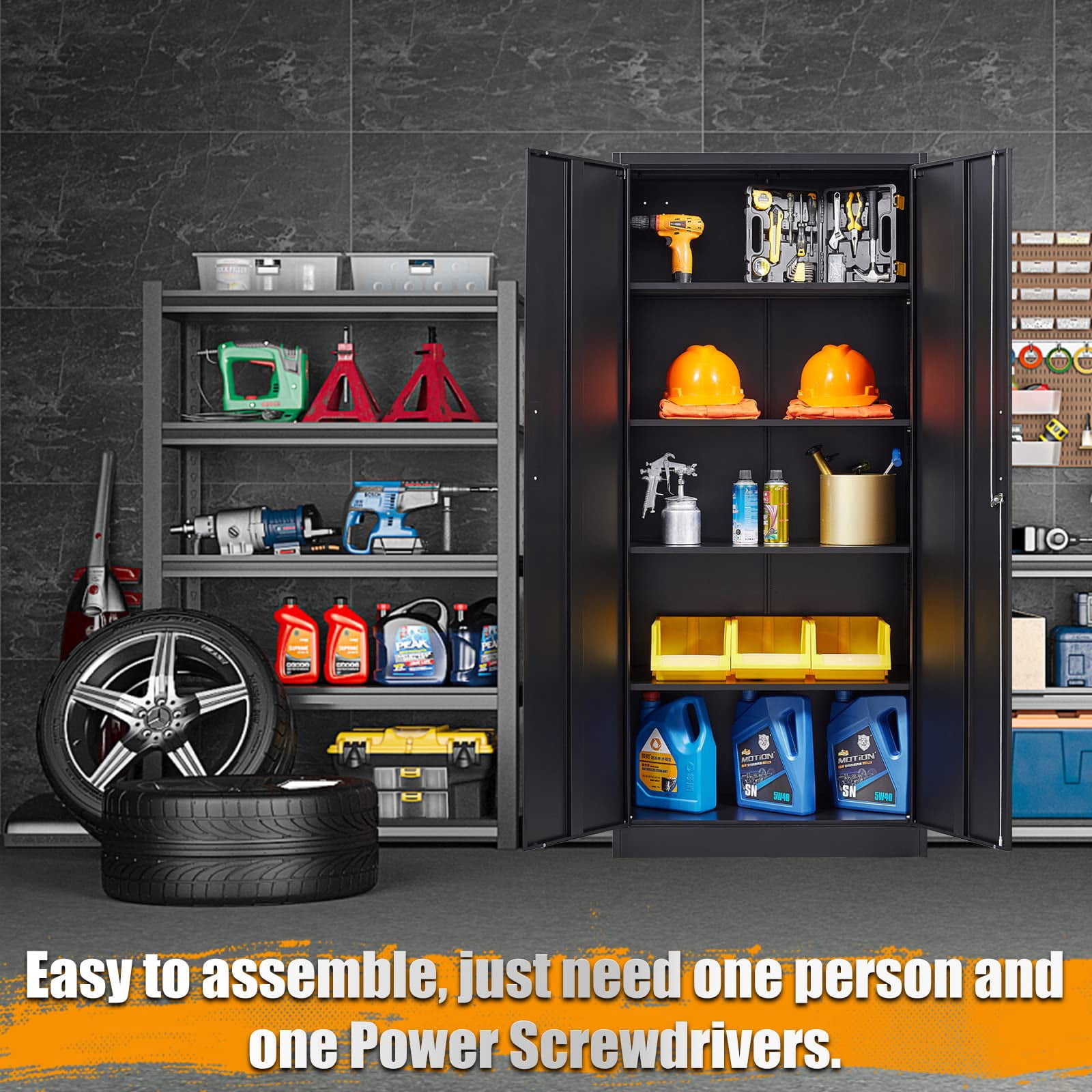 STANI Metal Garage Storage Cabinet with 2 Doors and 5 Adjustable Shelves - 71" Steel Lockable File Cabinet,Locking Tool Cabinets for Office,Home,Garage,Gym