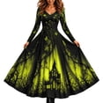 thumbnail image 3 of 2026 Women Halloween Witch Printed Maxi Dress V Neck Long Sleeve Gothic Flowy Long Dress for Halloween Themed Party, 3 of 6