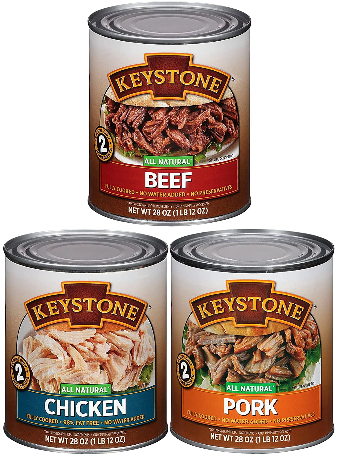 (6 Cans 2 of Each) Keystone All Natural Beef, Chicken and Pork 28oz