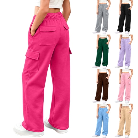 Girls Cargo Pants Wide Leg Sweatpants Baggy Casual Athletic Pants Elastic High Waist Joggers with Multi Pockets White 170