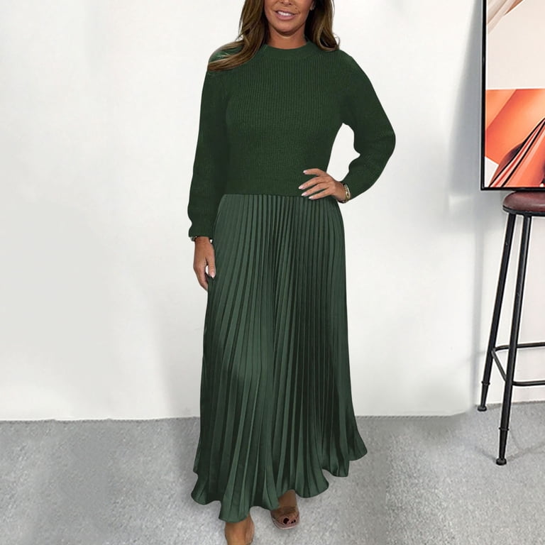 Women Colorblock Dress Autumn Winter Women's Colorblock Knitted Sweater  Dress with Pleated Skirt Patchwork Design Long Sleeve Round Neck A-line  Maxi - Walmart.com