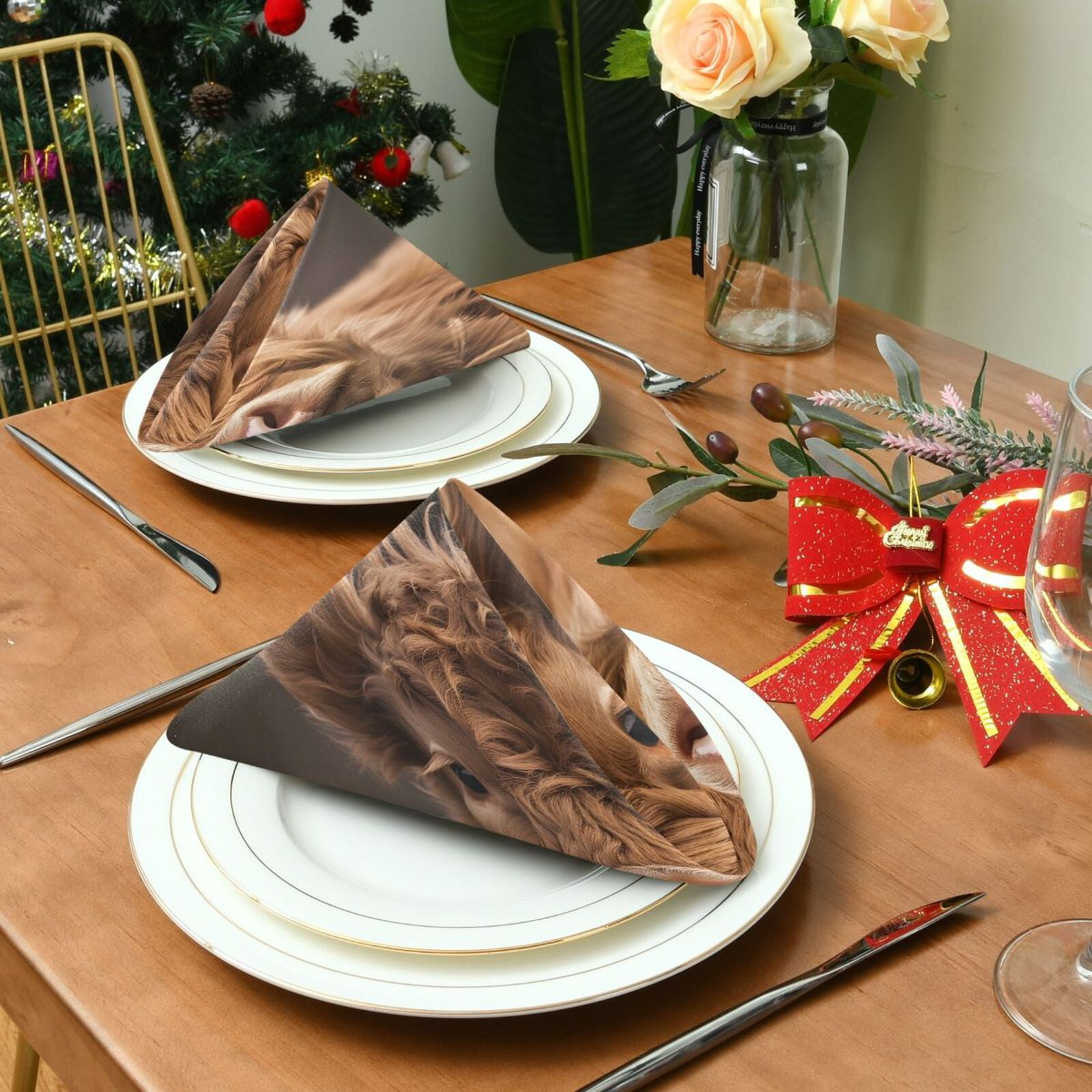 JSTEL Cute Calf Bull Cloth Napkins Set of 6, 20x20 Inch Washable and Reusable Napkin for Decoupage Dinner Party Everyday Use