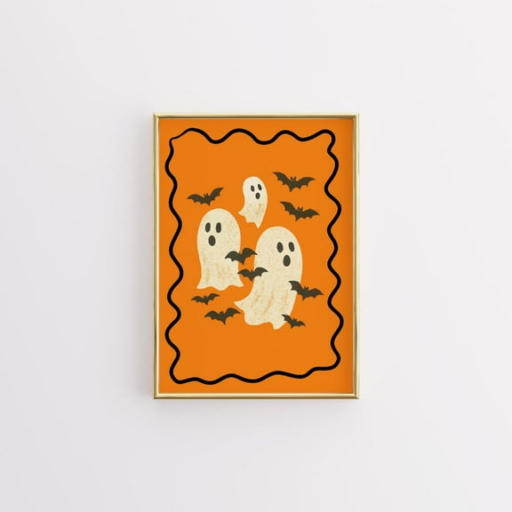 WestConfe Halloween Ghosts Wall Art, Spooky Halloween Decor, Cute Ghost Print, Bat Halloween Poster, Orange Halloween Nursery Decor
