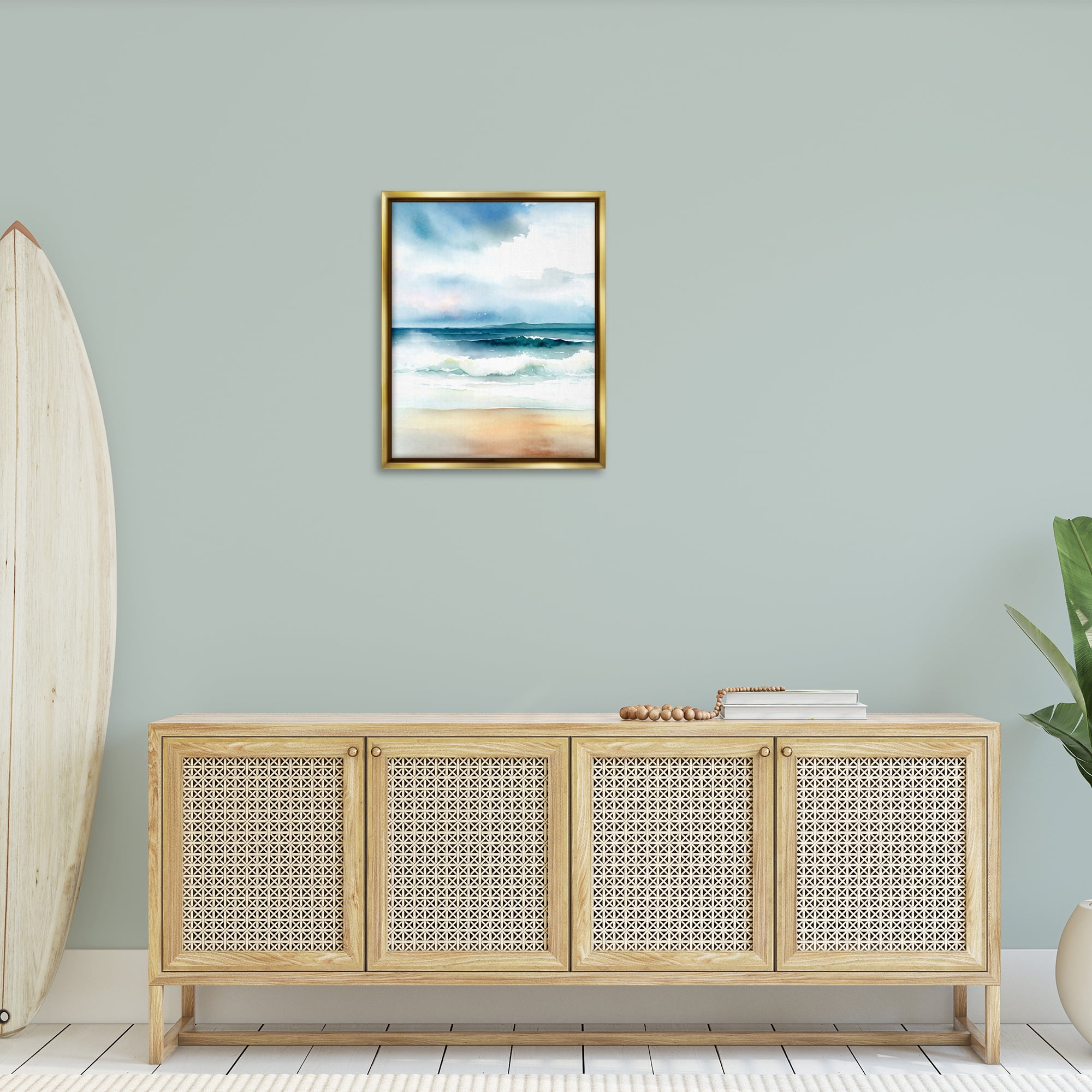 Stupell Industries Rolling Seaside Waves Coastal Painting Gold Floater Framed Canvas Art Print Wall Art, 25 x 31