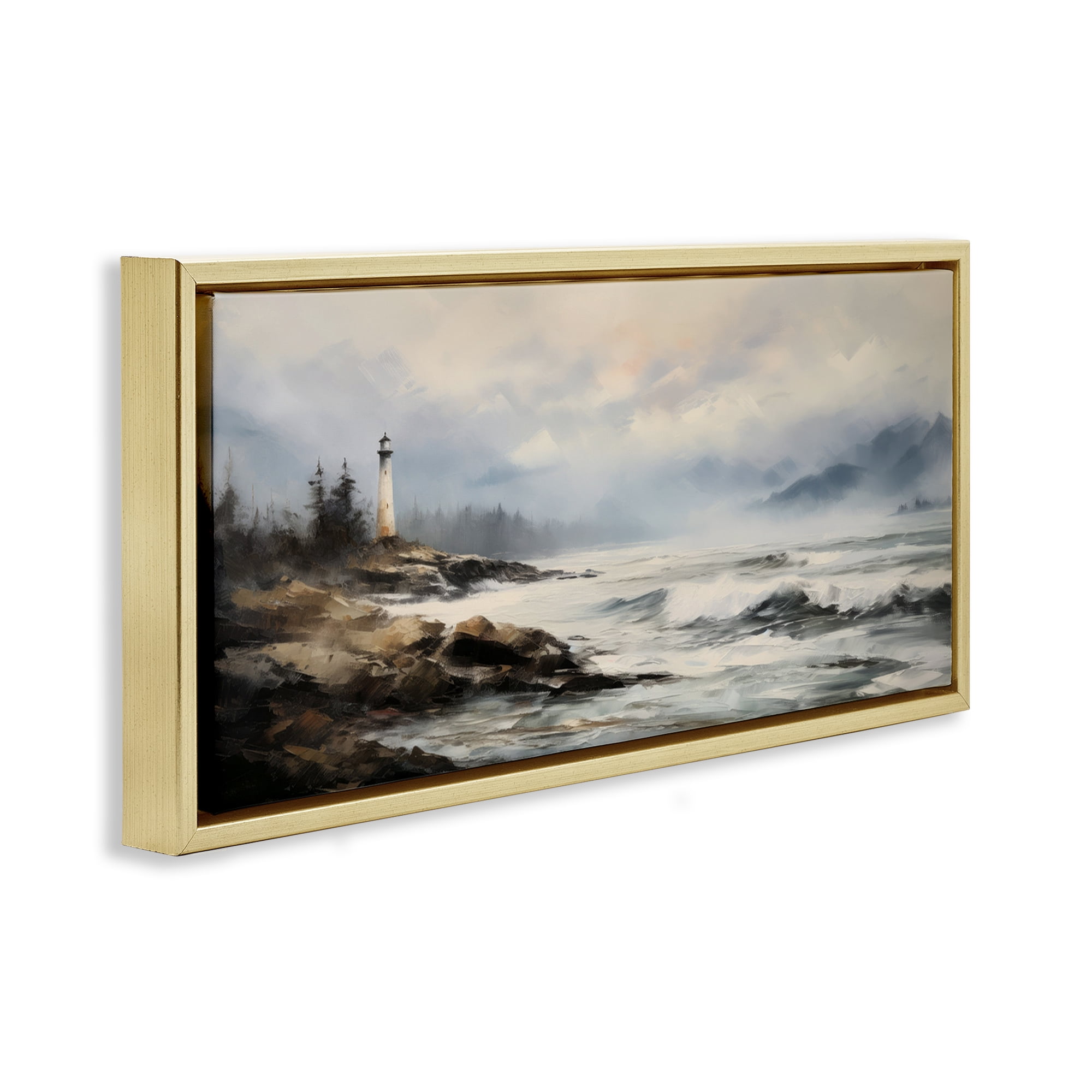 Stupell Industries Coastal Lighthouse Waves Coastal Painting Gold Floater Framed Art Print Wall Art, 25 x 11