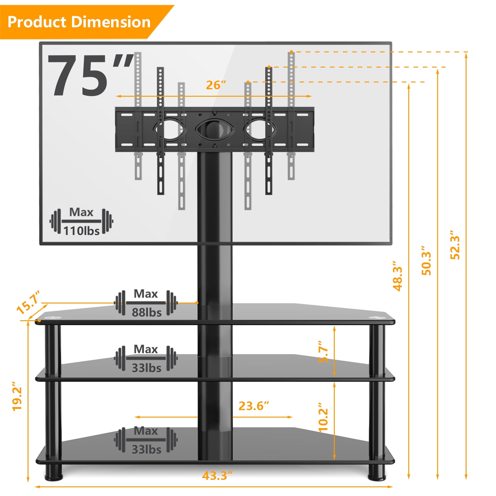RTVR Modern 3 in 1 TV Table Stand for up to 75 inch Flat Panel, TV Mount Stand with Shelves Entertainment Center