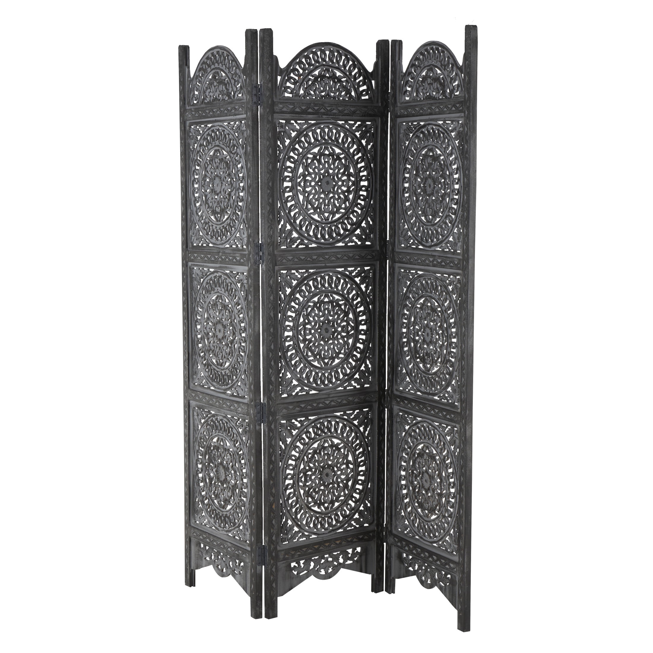 DecMode 60" x 72" Black Wood Floral Handmade Foldable Partition 3 Panel Room Divider Screen with Carved Designs, 1-Piece