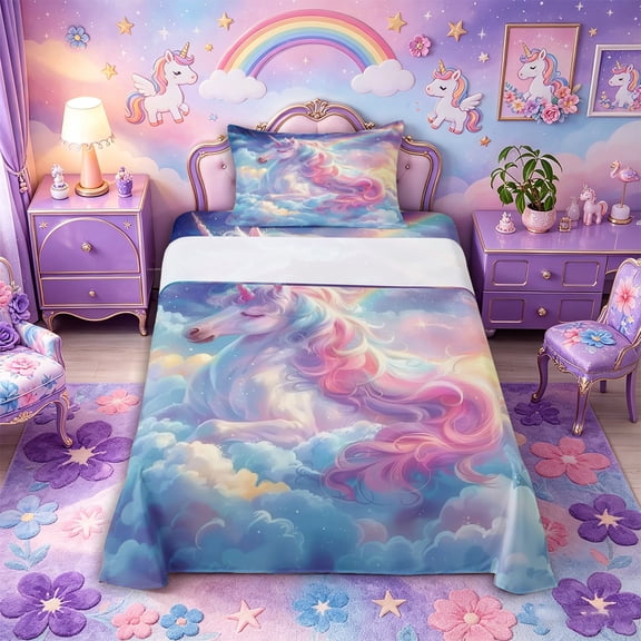 Metsweet Dreamy Princess Unicorn Twin Sheets 3pcs, Watercolor Rainbow Bedding, Blue Pink,1 Fitted Sheet, 1 Flat Sheet and 1 Pillowcase