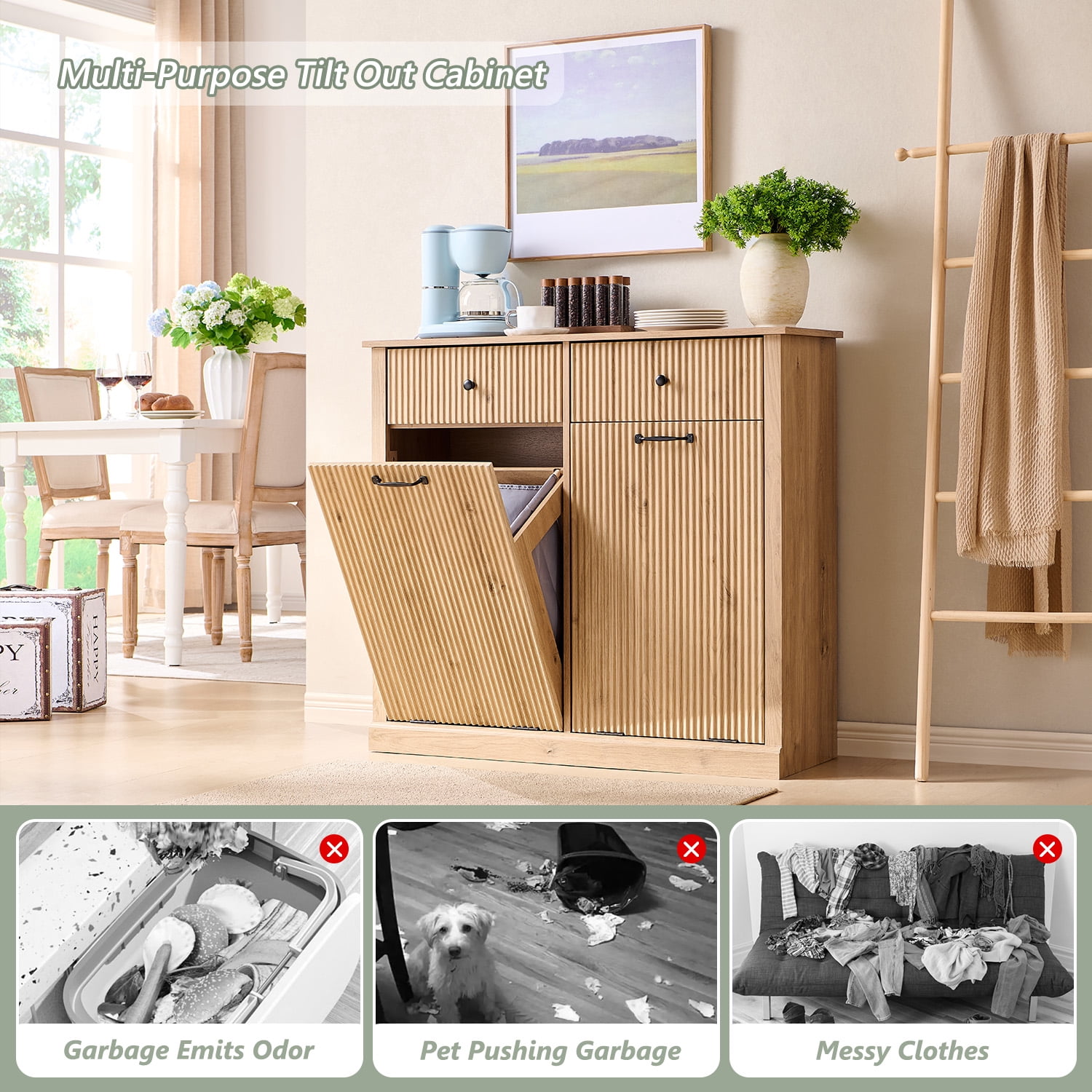 IFGET Double Fluted Tilt-Out Trash Can Cabinet, 20 Gallon Wood Hidden Garbage Can Cabinets with Storage Drawers, Laundry Hamper Cabinet for Bathroom, Kitchen