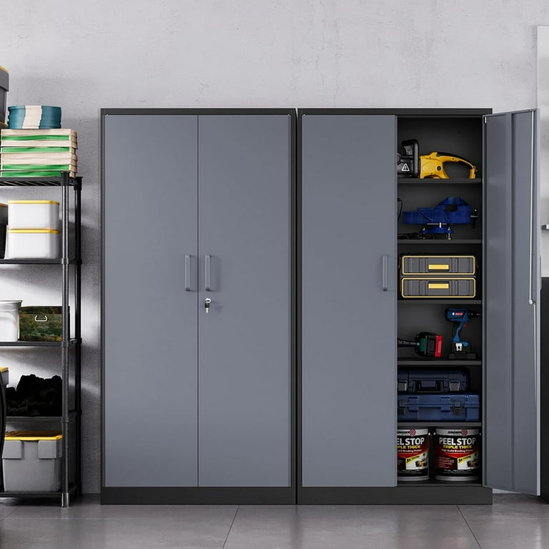 MIIIKO Metal Storage Cabinet With Lock, 71" Steel Storage Cabinet With 2 Doors And 5 Adjustable Shelves, For Office, School, Pantry And Kitchen
