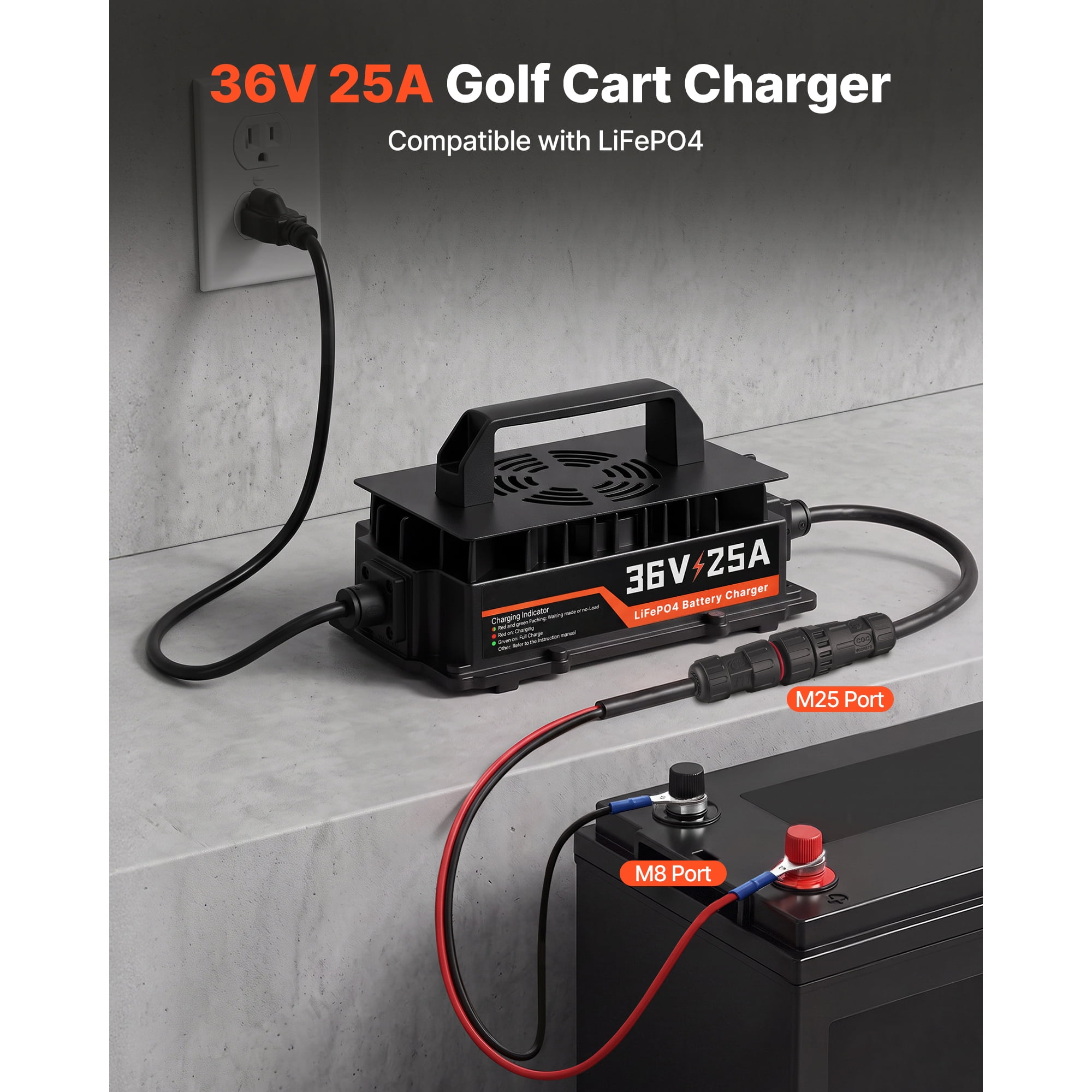 KFFKFF 36V 25A Golf Cart Battery Charger for Lithium Batteries, Durable Aluminum Shell, Smart Charging with LED Display, Cooling System, Trickle Mode, Waterproof Design for Various Vehicles