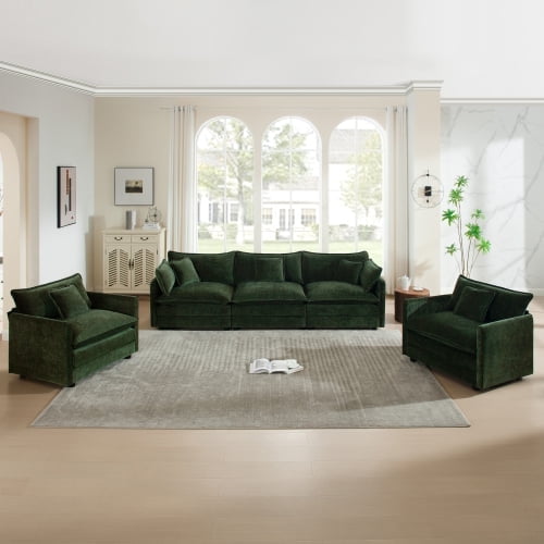 3-Piece Chenille Sofa Set, 5-Seat Living Room Furniture Set with 2 Accent Chairs and 3-Seat Sofa, Modern Round Arm Couch Set, Solid Wood Frame, Green