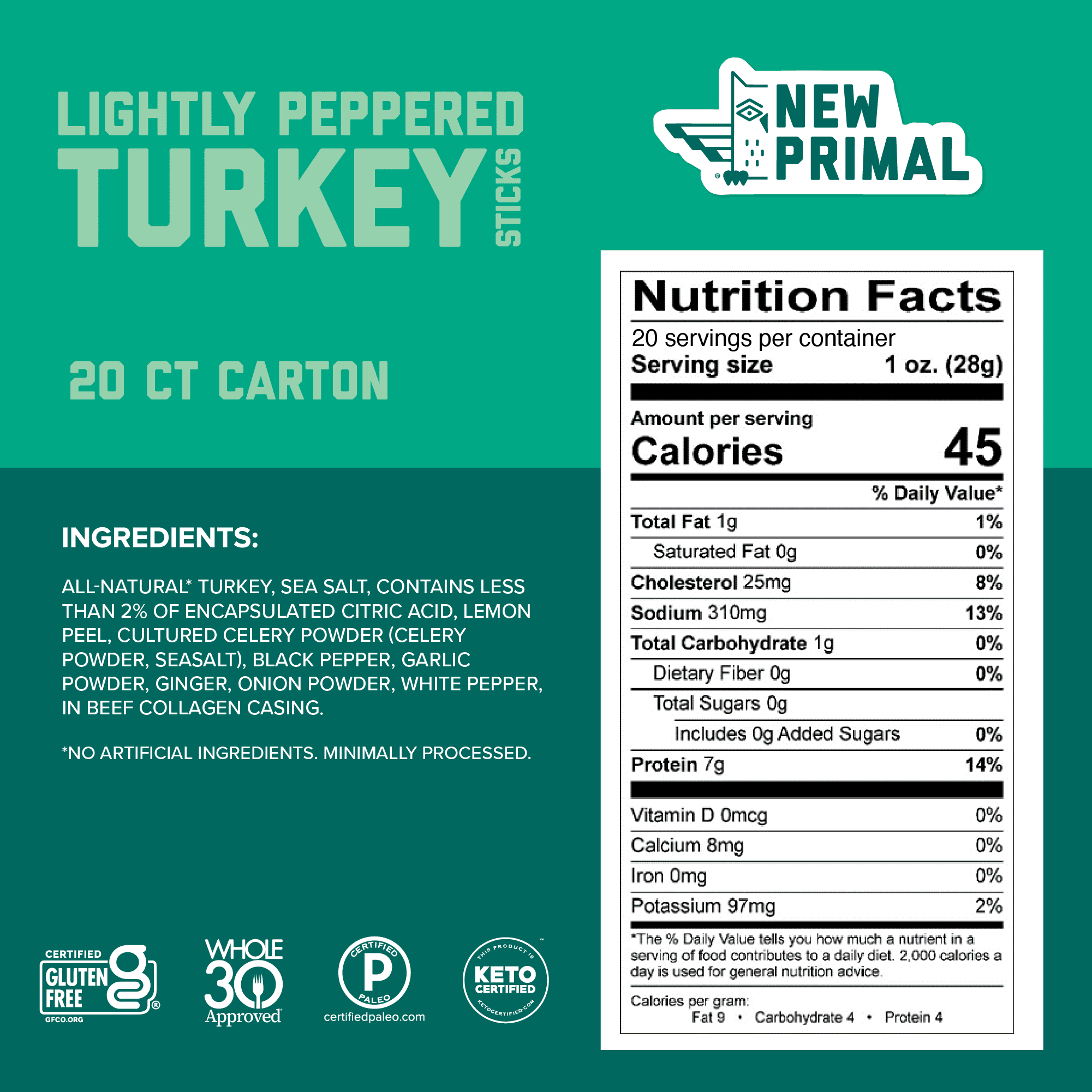 The New Primal Lightly Peppered Turkey Sticks, Keto, Gluten Free, High Protein, 20 Ct