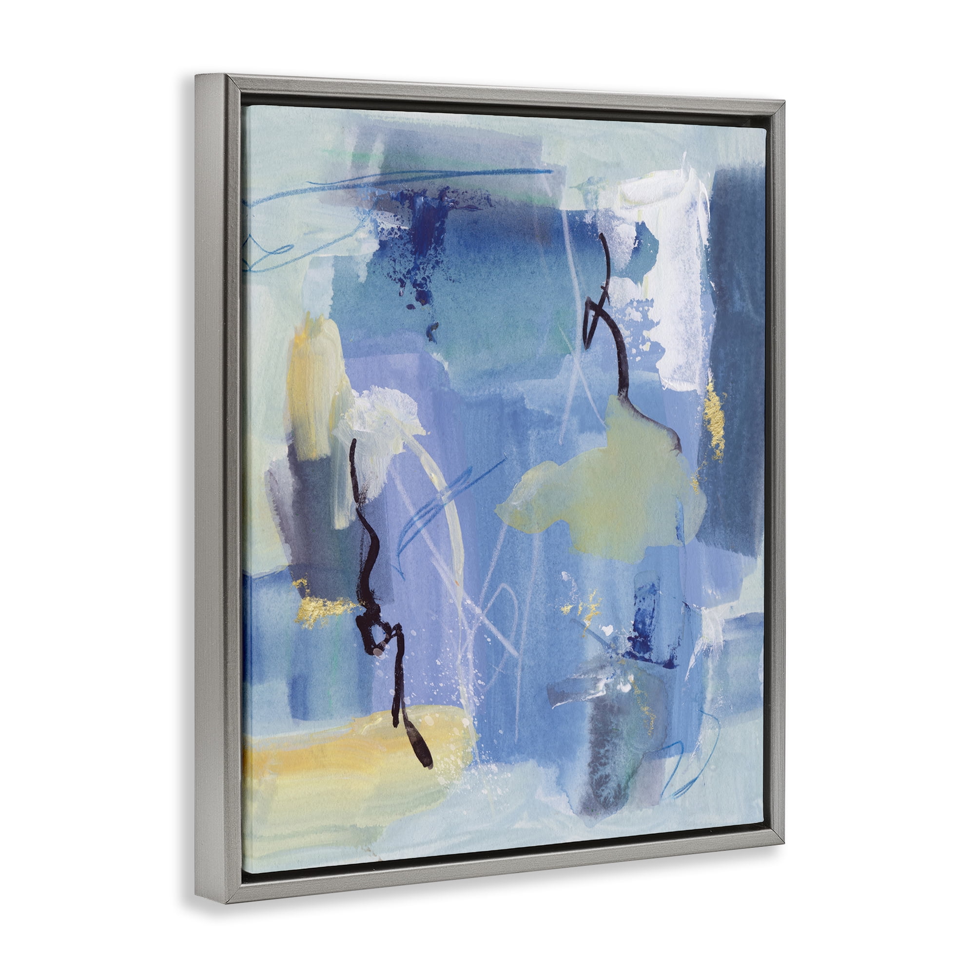 Stupell Industries Blue Abstract Yellow Accents Abstract Painting Gray Floater Framed Canvas Art Print Wall Art, 25 x 31