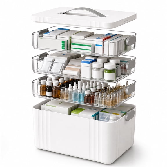 4-Tier Medicine Organizer with Handle, Portable Medicine Box with Handle with Removable Trays, Medicine Organizer Box for Home, 13.4 x 8.66 x 11.6 In, White