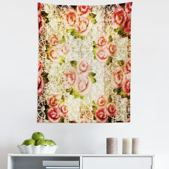 Retro Tapestry, Grunge Psychedelic Floral Motif with Dated Retro Dark Lace Boho Patterns, Fabric Wall Hanging Decor for Bedroom Living Room Dorm, 5 Sizes, Pink Green Cream, by Ambesonne