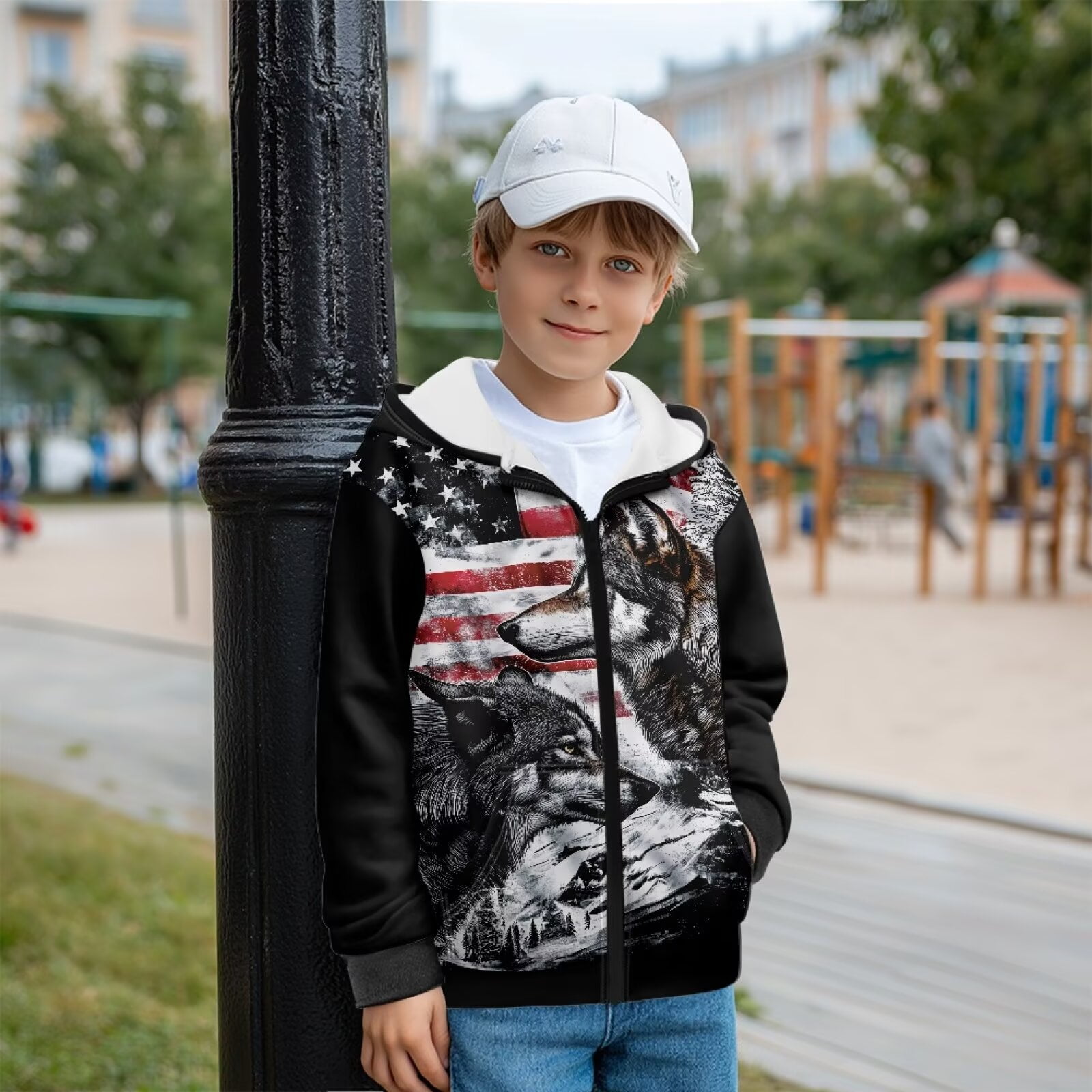 Uorisanigo Girls Boys Hoodie Hooded Sweatshirt Comfortable Zip Up Hoody Jacket Long Sleeve American Flag Wolf Sweatshirts Jackets Warm Shirt Fall Trendy Clothes