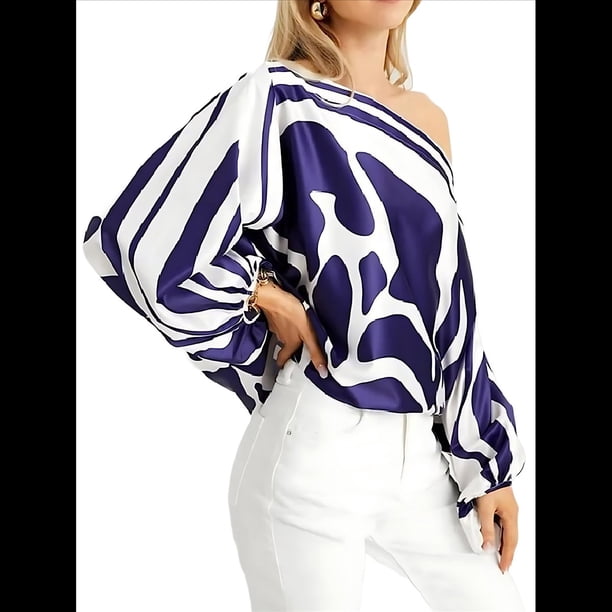 Conjunto de Dos Piezas Holgado de Otoño para Mujer, con Hombros Descubiertos, Estampado, Larga, Informal, para Salir, Pantalones Anchos Azul L