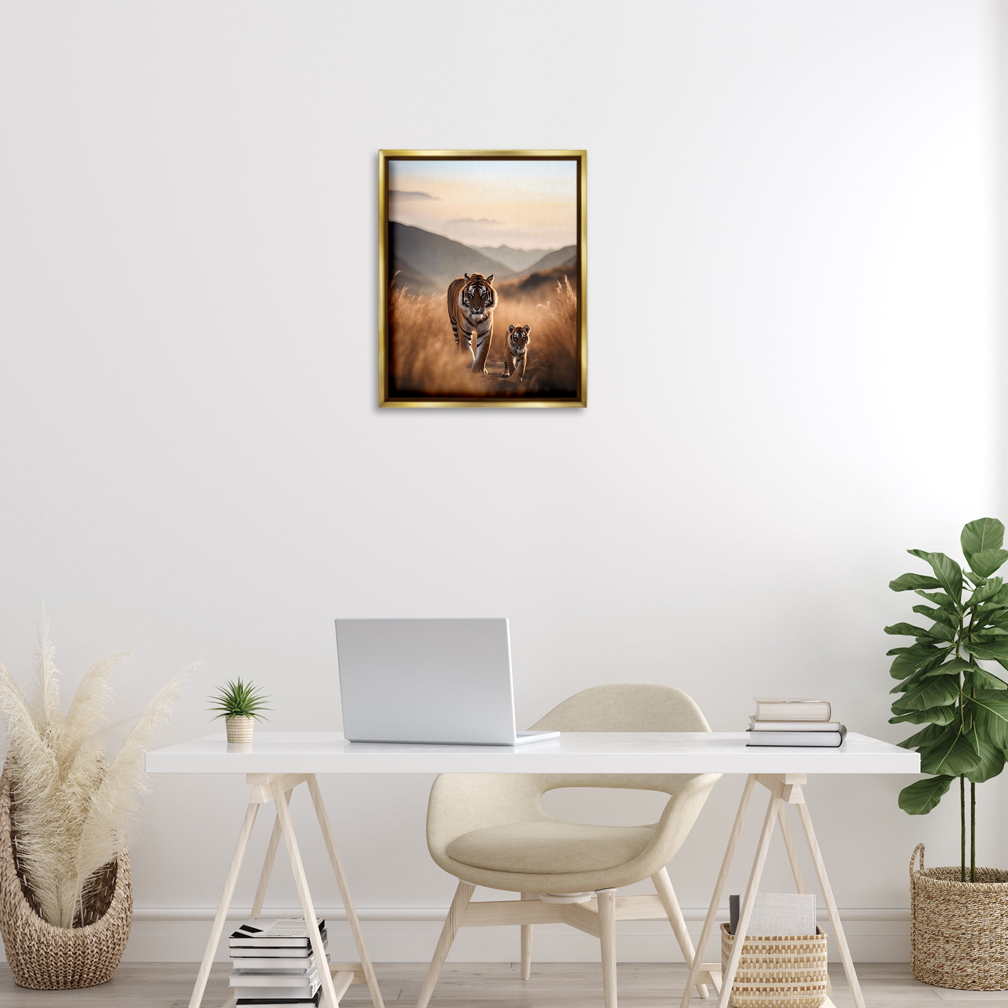 Stupell Industries Tiger & Cub on Savanna Animals Painting Gold Floater Framed Canvas Art Print Wall Art, 17 x 21
