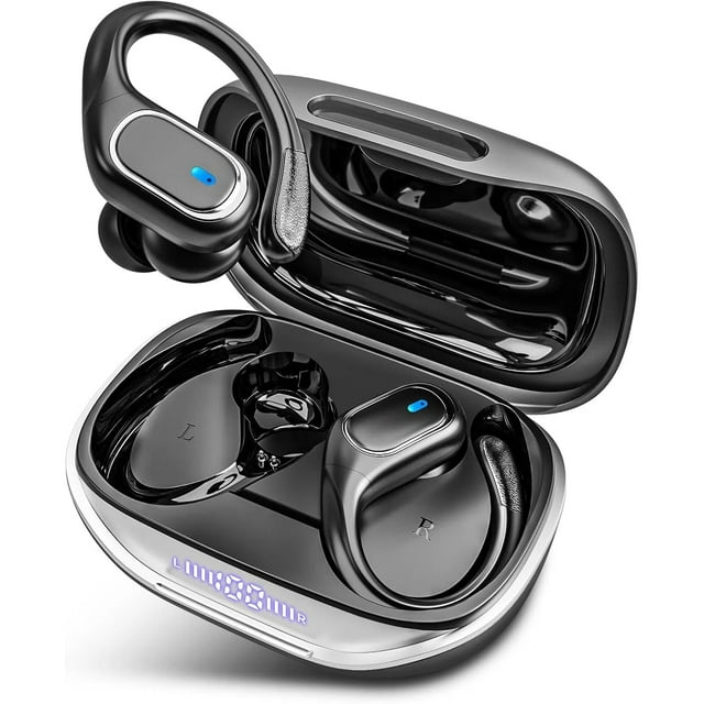 Auriculares inalámbricos Bluetooth 80 horas de reproducción IPX7 resistentes al agua para deportes con estuche de carga inalámbrica y ganchos para las orejas