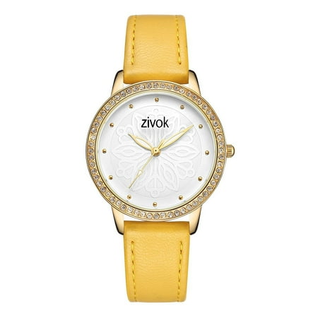 - ZIVOK 8018 Women Quartz Wrist Watch PU Leather Vintage Dimensional Carving Flower Dial Watch World Time Display with Gift Box