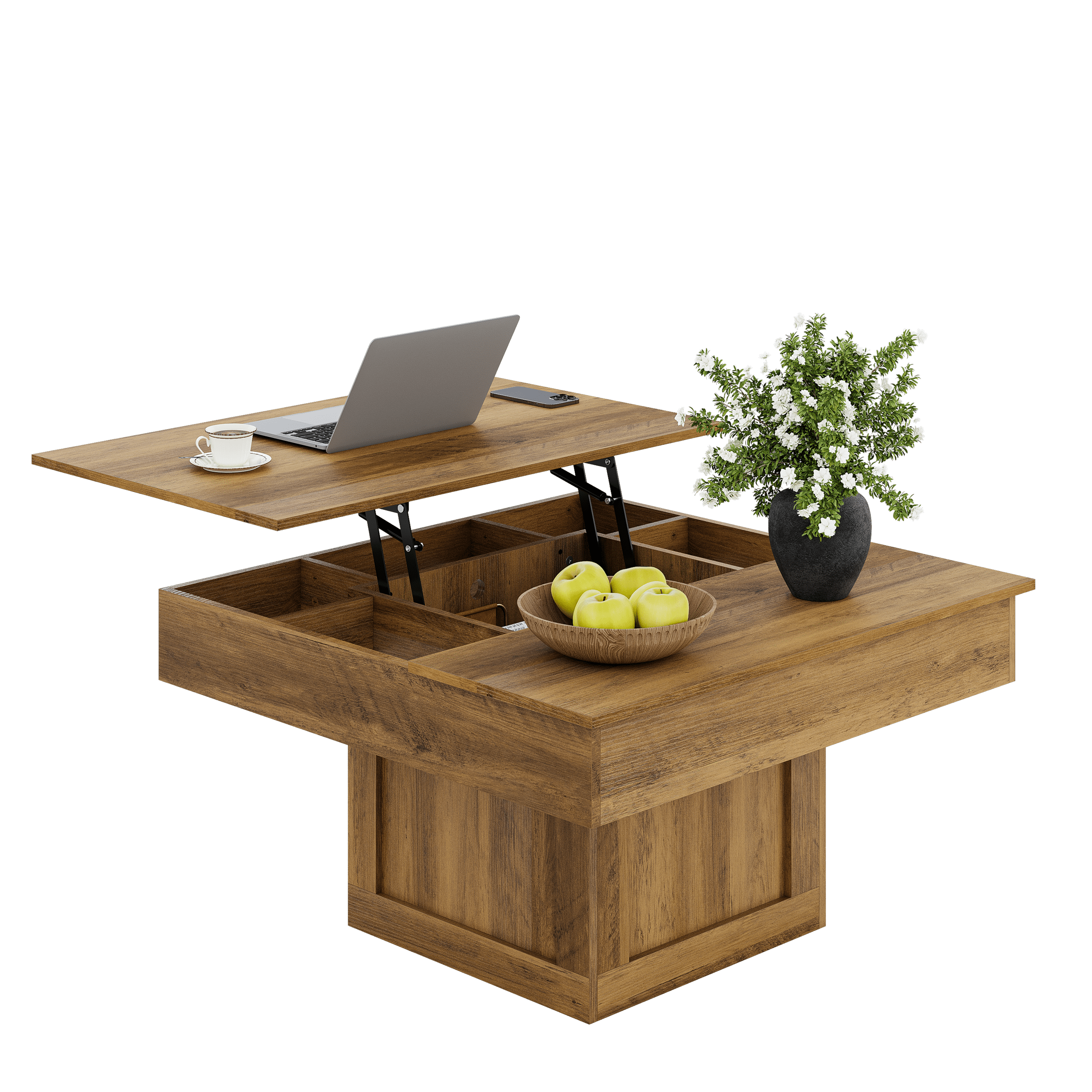 GUNAITO Lift Top Coffee Table with LED Lights, Modern Farmhouse Center Table with Storage, 31.5''Hx31.5''Wx19''D, Light Brown