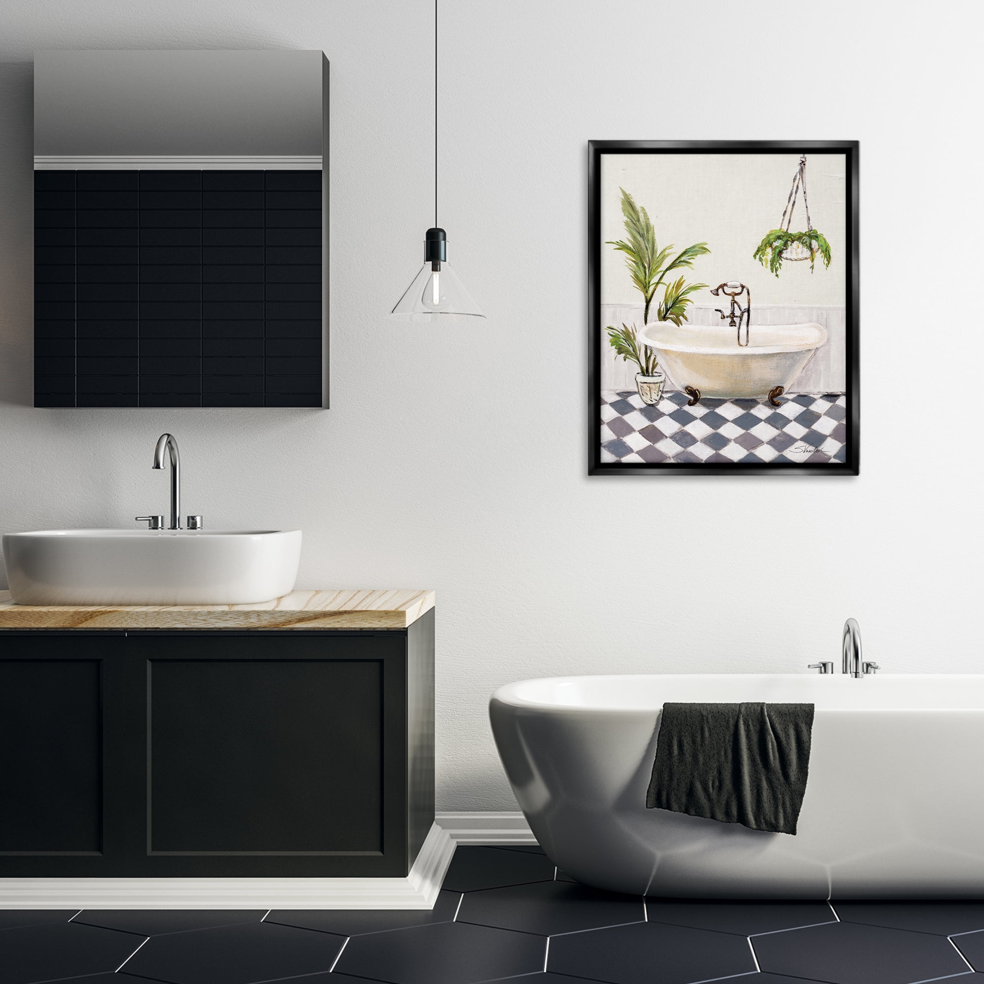 Stupell Industries Crisp Cottage Bathroom Bath & Laundry Painting Black Floater Framed Canvas Art Print Wall Art, 25 x 31