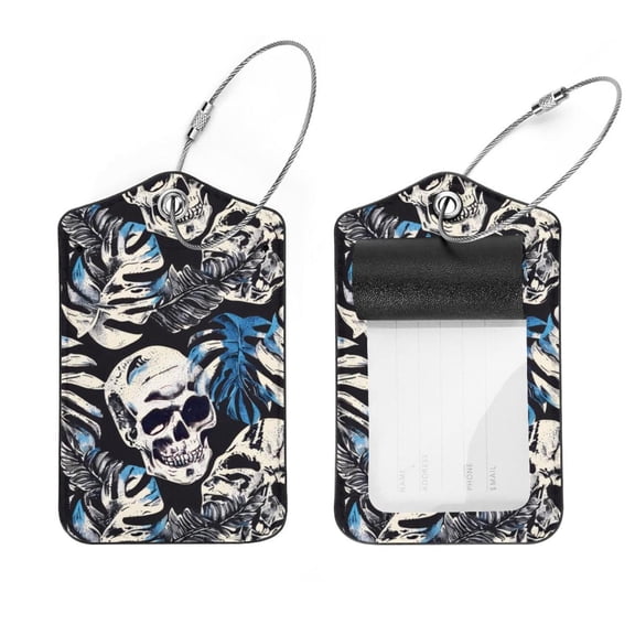 PhooArto 2 Pcs Luggage Tags, Skulls Palm Leaves Pattern Privacy Cover ID Label with Stainless Steel Loop and Address Card for Travel Bag Suitcase