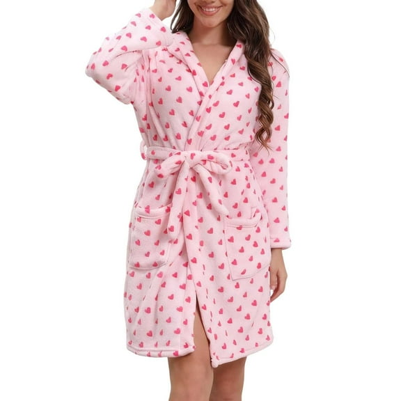 Gaexia Bath Robe Women'S Cozy Printed Hooded Long Sleeve Robe Heart Star Embroidery Home Wear Fall Winter Relaxation Garment