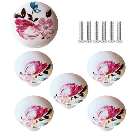 Ceramic Hand Painted Drawer Knobs, [6 Pack] Vintage Flower Round Cabinet Knobs And Pulls, Kitchen Furniture Knobs For Dresser.