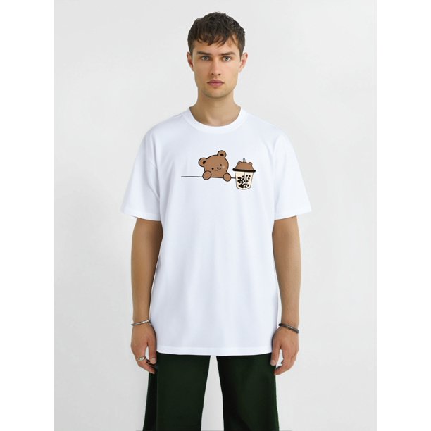 Camiseta informal de cuello redondo para hombre con estampado de té con leche y oso, ligeramente elástica, corte regular, manga corta de moda de verano para adultos, camisetas de ocio.