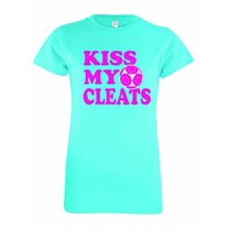 Girls Soccer Kiss My Cleats Youth Kids Soccer Ball Sports Team Athletic Short Sleeve T-shirt -Aqua-Ym